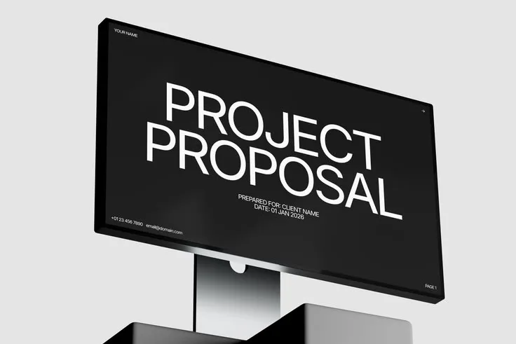 Monitor showing a “Project Proposal” title screen