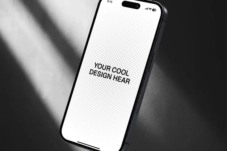 Phone mock-up on a beige ground showing a placeholder screen